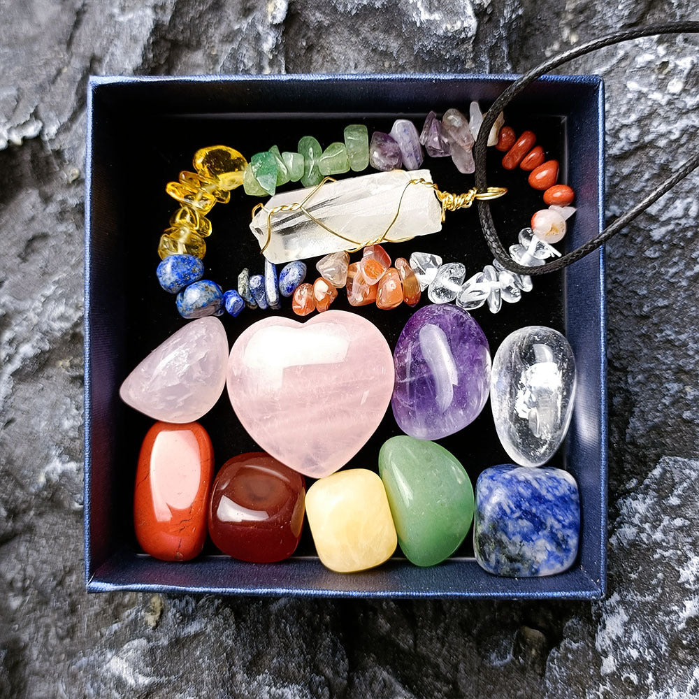 7 Chakra Tumbled Stone Box Set with Necklace and Bracelet
