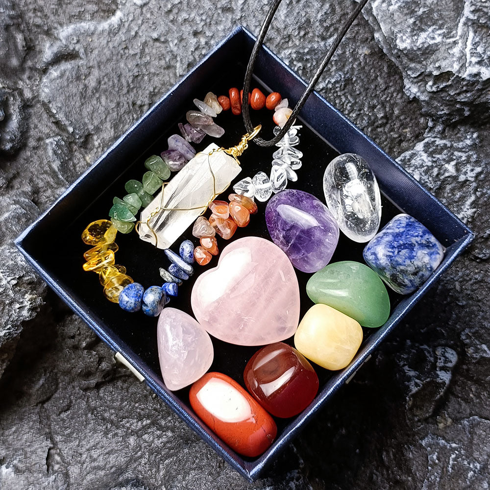 7 Chakra Tumbled Stone Box Set with Necklace and Bracelet