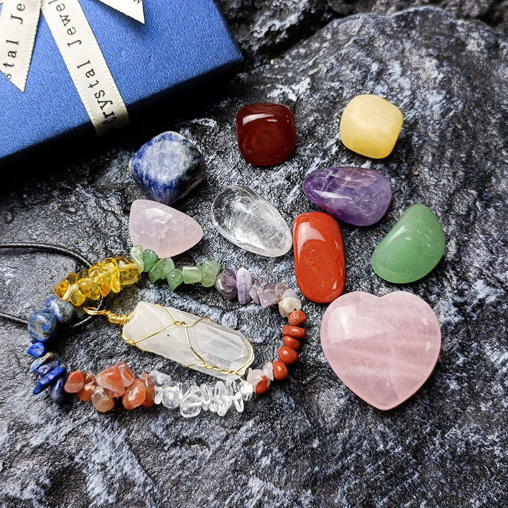 7 Chakra Tumbled Stone Box Set with Necklace and Bracelet